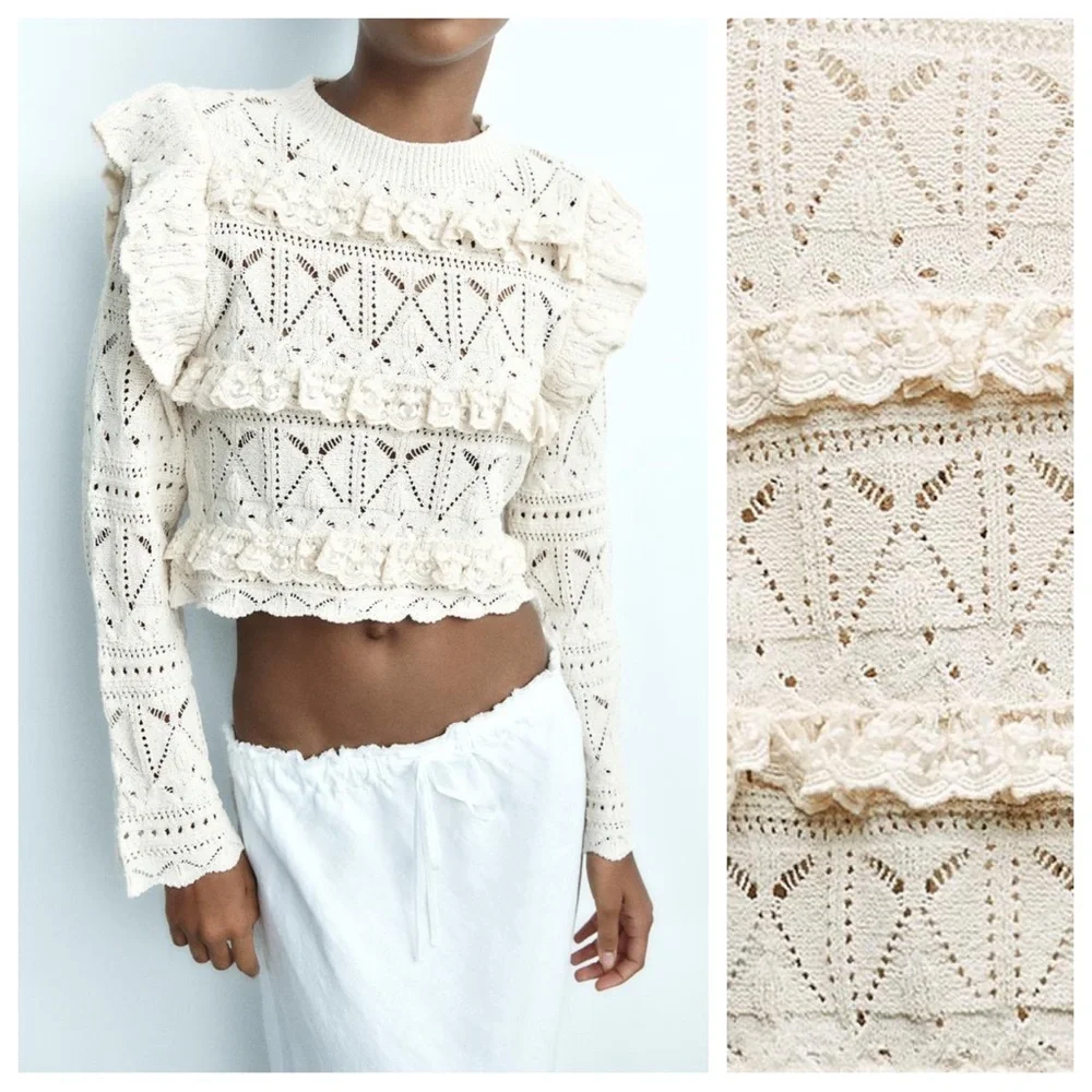 NWT. Zara Ecru Pointelle Ruffled Knit Top. Size L.